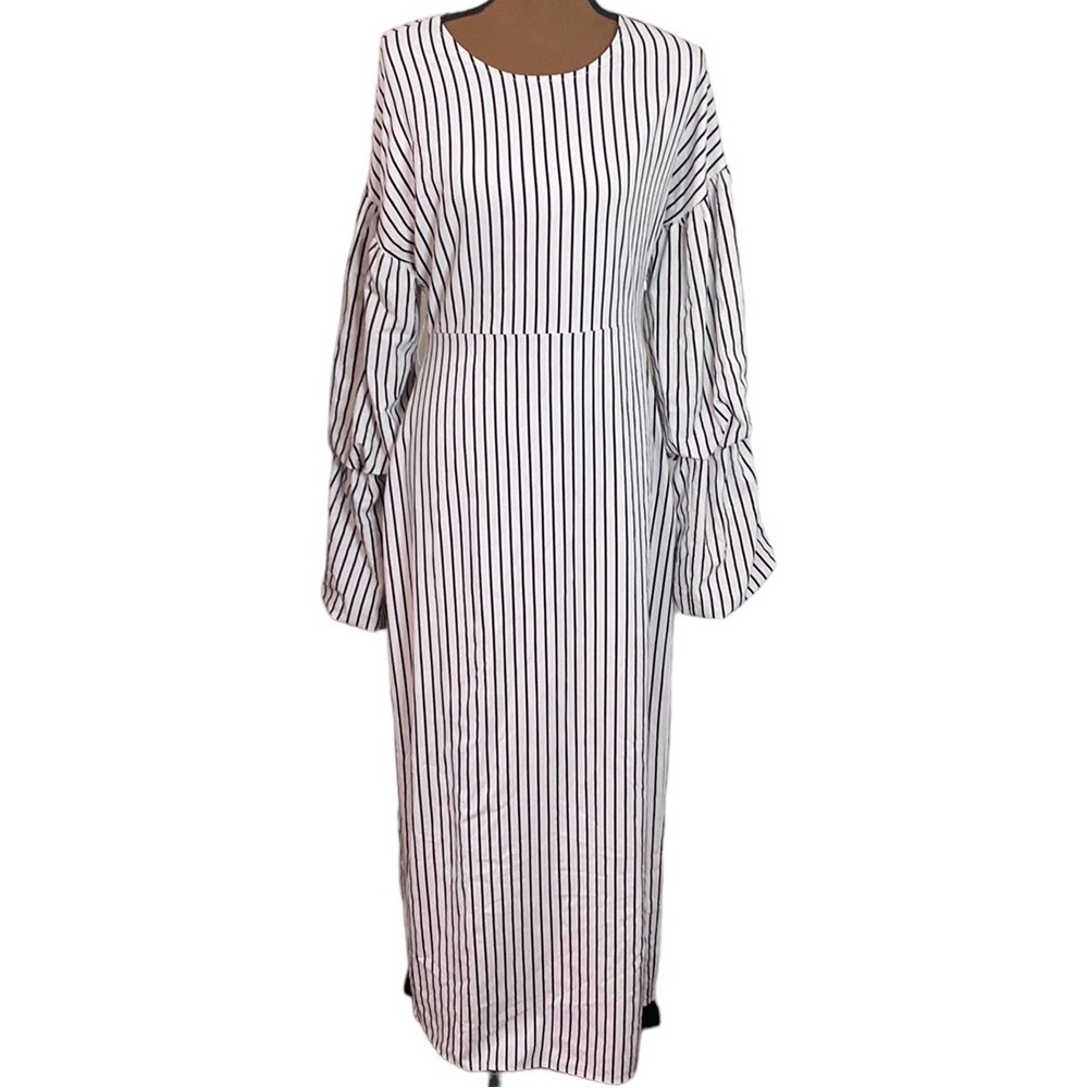 Abaya Addict Jet Setter white striped maxi dress gathered sleeves - no sash XS